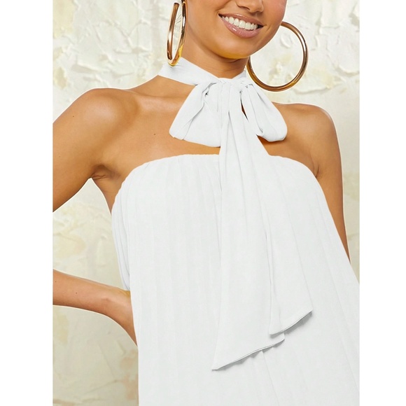 Pleated Off White Mini Dress Tie Neck Short A-Line Flared - Picture 6 of 16